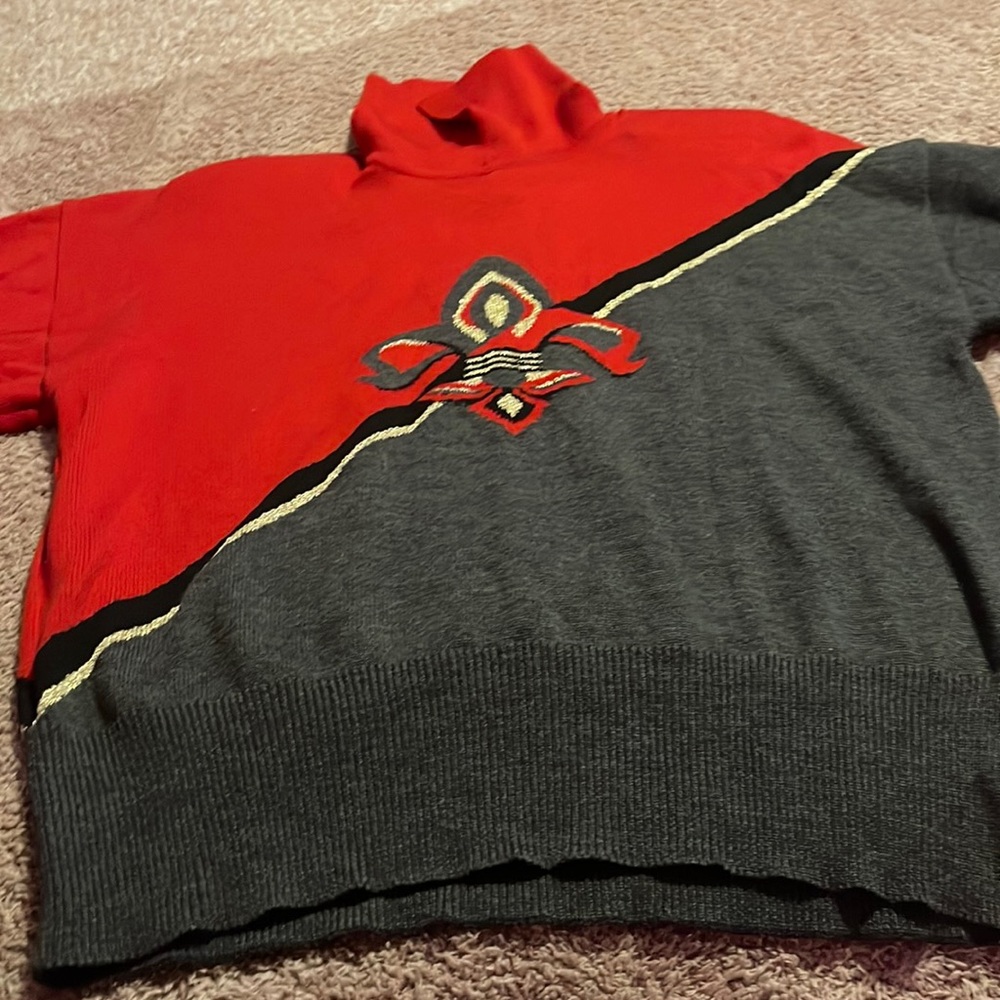 Vintage ESCADA Fleur de lis Collared Sweater size 42 New Wool red/grey